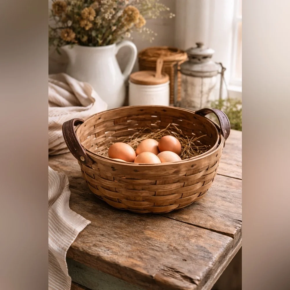 Signed 1982 Handwoven Wood Splint Basket Leather Handles Primitive